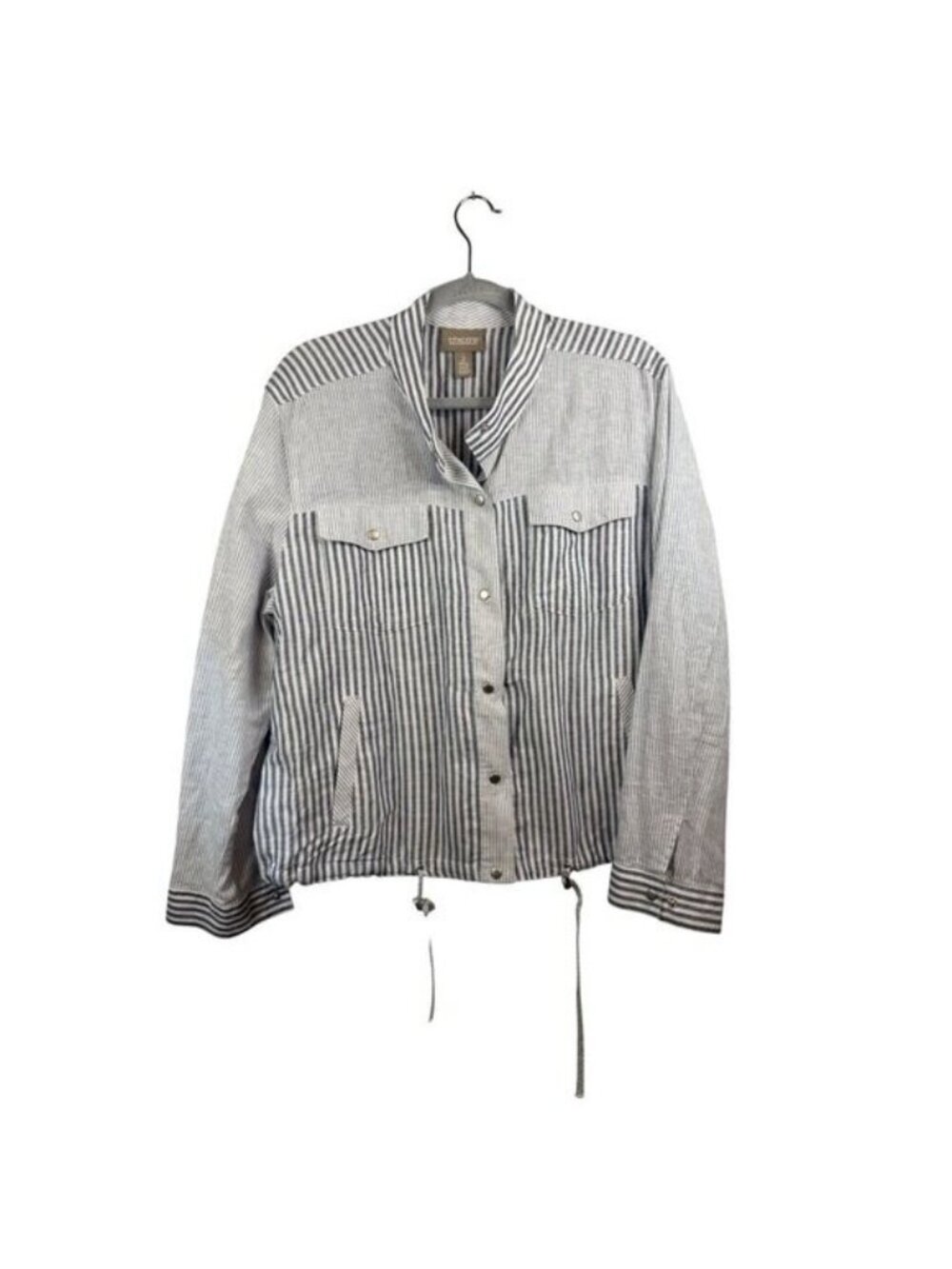 Chicos Blue & White Striped Lightweight Jacket With Drawstring Hem Size 2